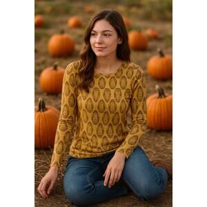 OneWorld Owl Print Long‎ Sleeve Top XL Rhinestone Eyes Rib Knit Boho Cottagecore